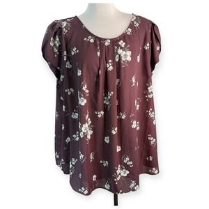 Papermoon Burgundy Floral Short Sleeve Blouse 3X‎